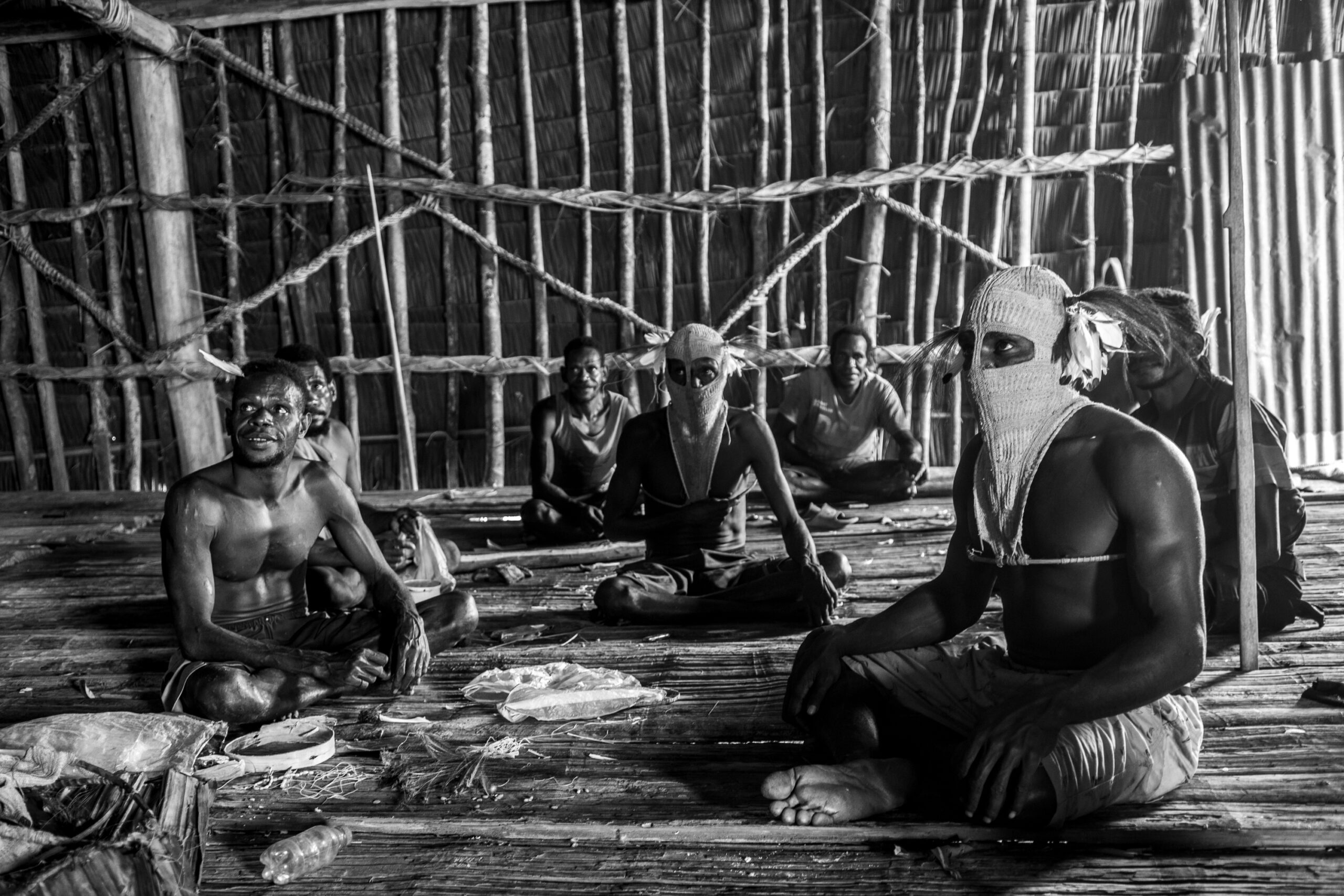 The young men representing each clan began to weave spirit masks.